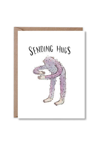 Sympathy card with 'SENDING HUGS' and purple hugging animal illustration