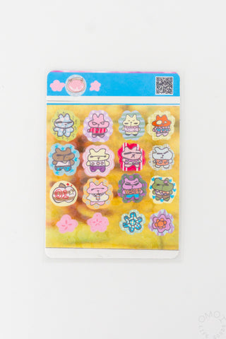 Lucky bears sticker sheet with colorful bear faces and cute icons in a blue border