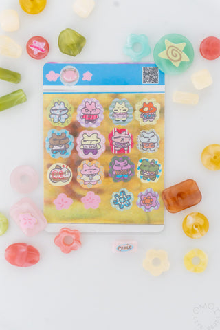 Lucky bears sticker sheet on white background with loose heart and bear-face stickers