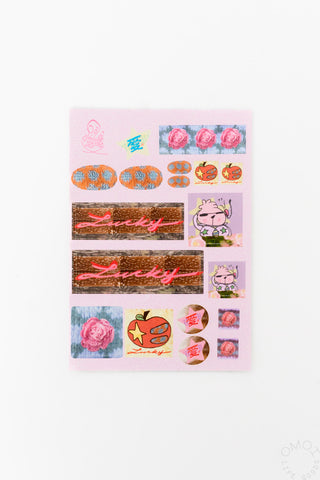 Pink sticker sheet with hearts, roses, and cartoon characters
