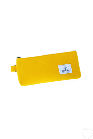 Yellow gusseted pen case with zipper and Luddite brand patch