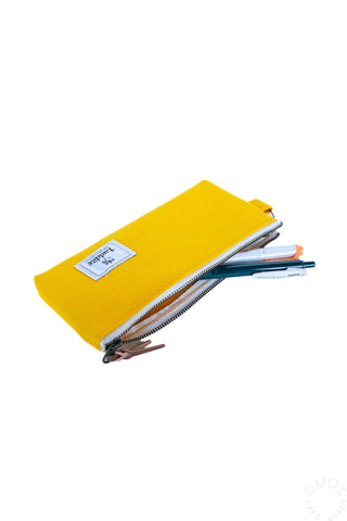Yellow gusseted pen case with zipper holding pens and pencils