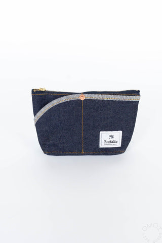 Small denim boat pouch with two compartments, gold zippers, top handle loop