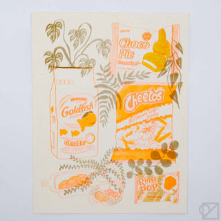 Snack-themed print with Goldfish and Cheetos graphics in gold and orange tones