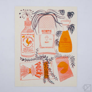 Snack-themed print featuring ketchup, mayo, and kewpie labels in orange and red