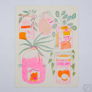 Snack-themed print with fruit juice bottles and colorful labels in pink and green
