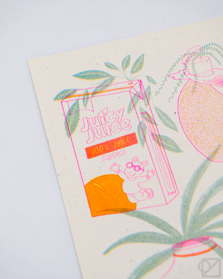 Snack-themed print with juice cartons and fruit illustrations in pink and teal
