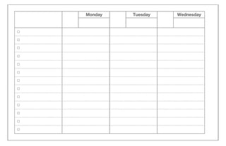 Weekly planner page layout with Monday, Tuesday, and Wednesday columns