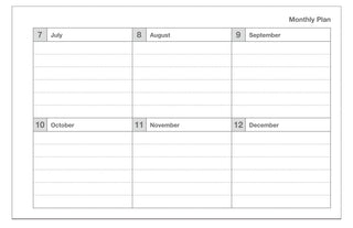Monthly plan page with boxes for July through December