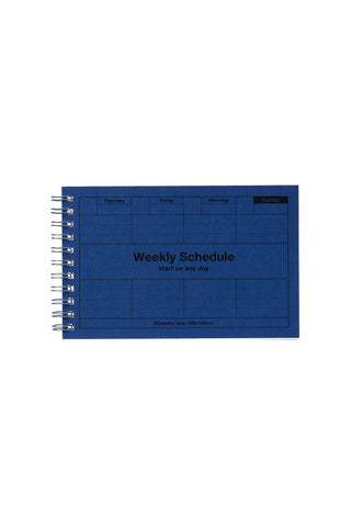 Blue weekly schedule planner with spiral binding and weekly schedule header
