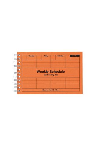 Orange weekly schedule planner with day-of-week grid and spiral binding