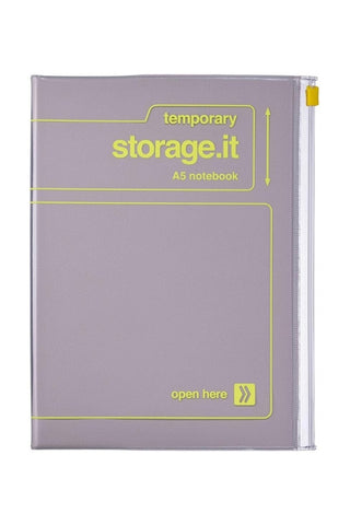 A5 notebook with purple cover and yellow storage.it text, open-here label on front