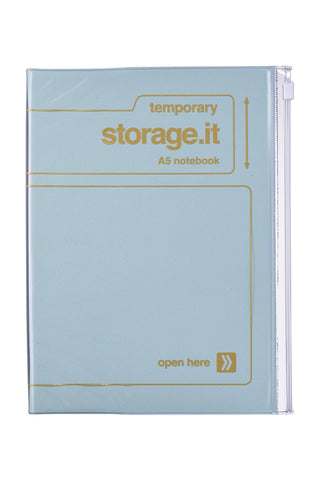 Mint A5 notebook with zipper closure and transparent cover, storage.it logo