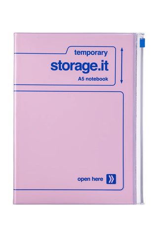 Pink A5 notebook with storage.it cover and blue pen clip