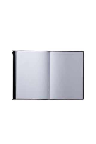 A5 notebook refill, open with light gray lined pages and black binding