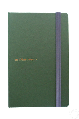 Hard cover notebook with elastic band, dark green cover and purple spine stripe