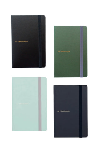 Hard cover notebook set in navy, black, dark green, and mint with elastic strap