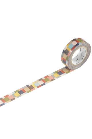 mt deco washi tape roll with greyish mosaic pattern and multicolor stripes