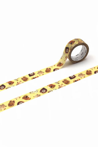 Decorative washi tape roll with repeating animal and bread character pattern, yellow backing