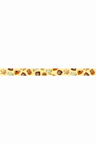 Washi tape strip with repeating animal and bread character pattern on light yellow tape