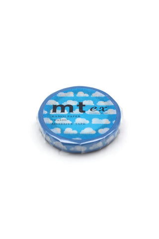 Blue washi tape roll with white cloud pattern and mt ex logo