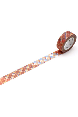 Multicolor plaid washi tape roll with crayon check pattern, brown and blue tones