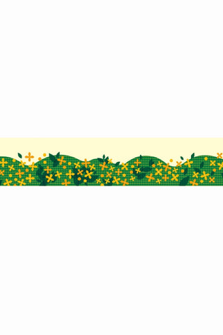 Washi tape strip with repeating olive green and yellow cross-and-star design