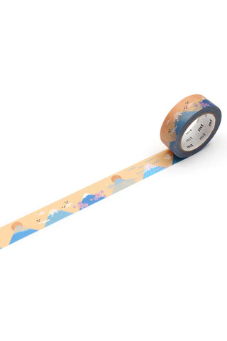Washi tape roll with extended strip, pastel Mt. Fuji and blue landscape pattern