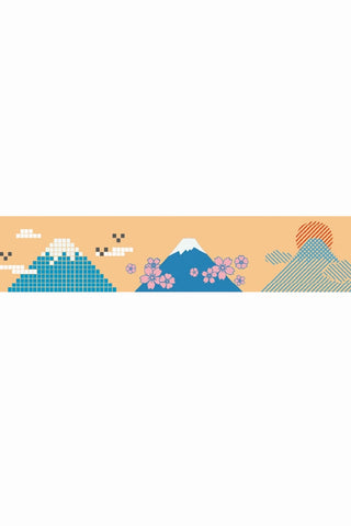 Washi tape strip with Mt. Fuji mountain, flowers, and pixel-style blue background