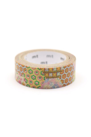 mt washi tape roll with small multicolor flower and dot pattern, visible core