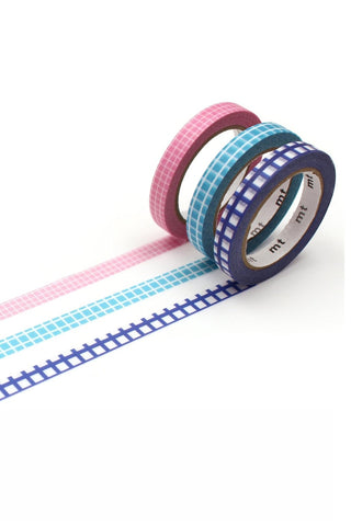 Slim washi tape set of three with pink grid, blue grid, and navy stripe patterns