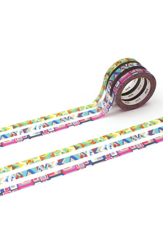 Slim washi tape roll with colorful geometric deco pattern, tape strip extended
