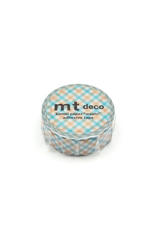 Washi tape roll with mt deco label, blue and orange check pattern