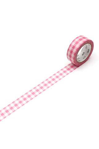 Pink checkered washi tape roll with patterned strip, thin paper tape