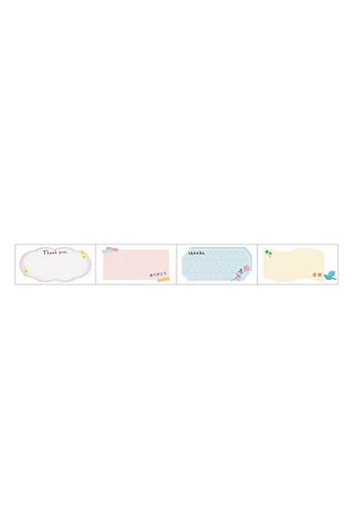 Perforated washi tape strip showing four thank-you designs in pastel blue, pink, and yellow