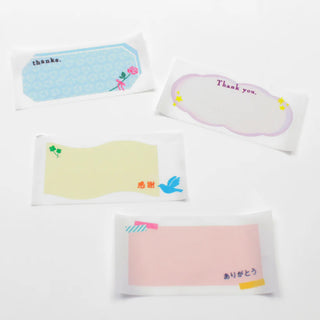 Perforated washi tape with pastel note labels: THANKS, Thank you cloud, and blue/yellow designs