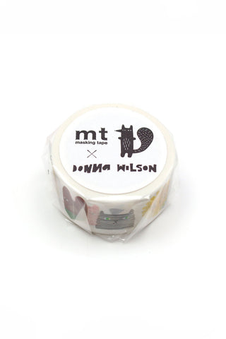 Washi tape roll labeled mt x Donna Wilson with dark animal icon graphics