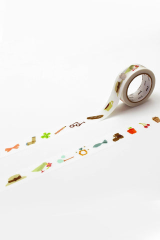 Washi tape roll with thin strip, small colorful line-drawn icons