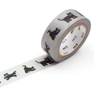 Gray washi tape roll with repeating black cat silhouettes and blue accents, strip visible