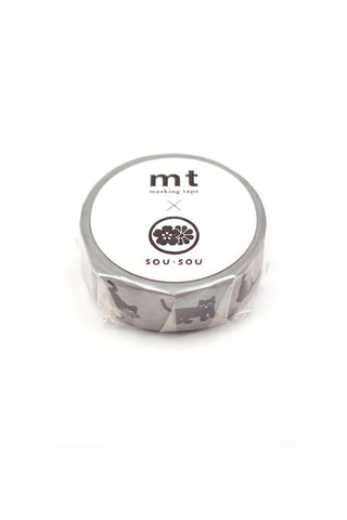 Washi tape roll with mt x SOU·SOU logo and repeating cat pattern