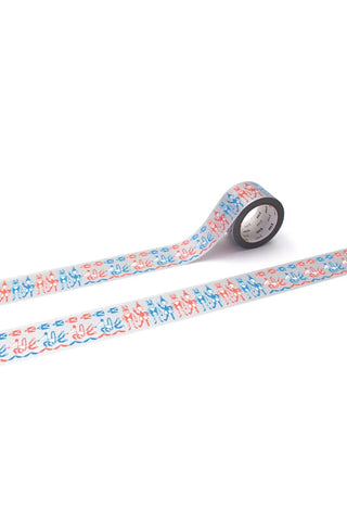 Washi tape roll with colorful character pattern in red, blue, and pink