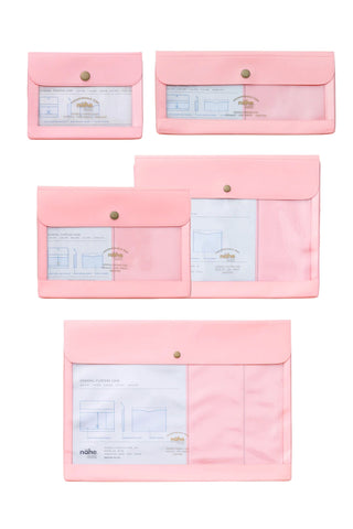 Pink document case with top flap snap and clear window pockets holding printed sheets