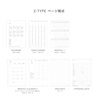 Planner Z-type paper layout overview with calendar and monthly sections