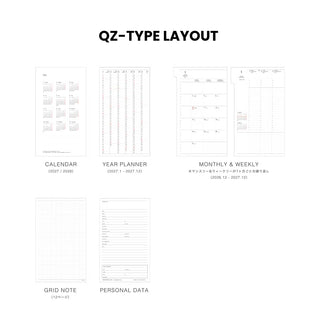 QZ-type layout overview showing calendar, year planner, monthly & weekly grids