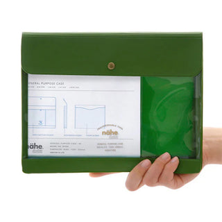Green general purpose case with snap button and clear pocket holding a printed sheet