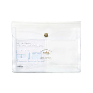 Clear general purpose case pouch front view with instruction graphic; brass snap button.