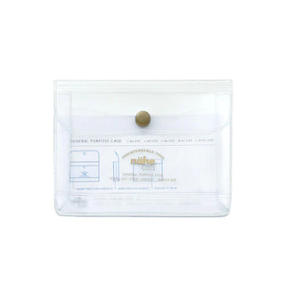 Clear general purpose case pouch with instruction graphic visible; brass snap button on front.