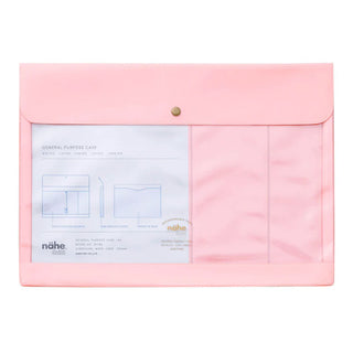 Pink envelope-style document case with snap button and clear front pocket for papers