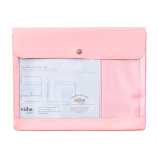 Pink document case with flap snap and clear panel showing diagrams and instructions