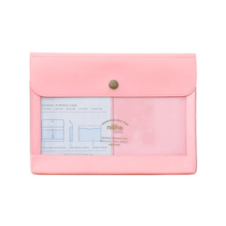 Pink document case with snap button and clear pocket holding an instruction sheet